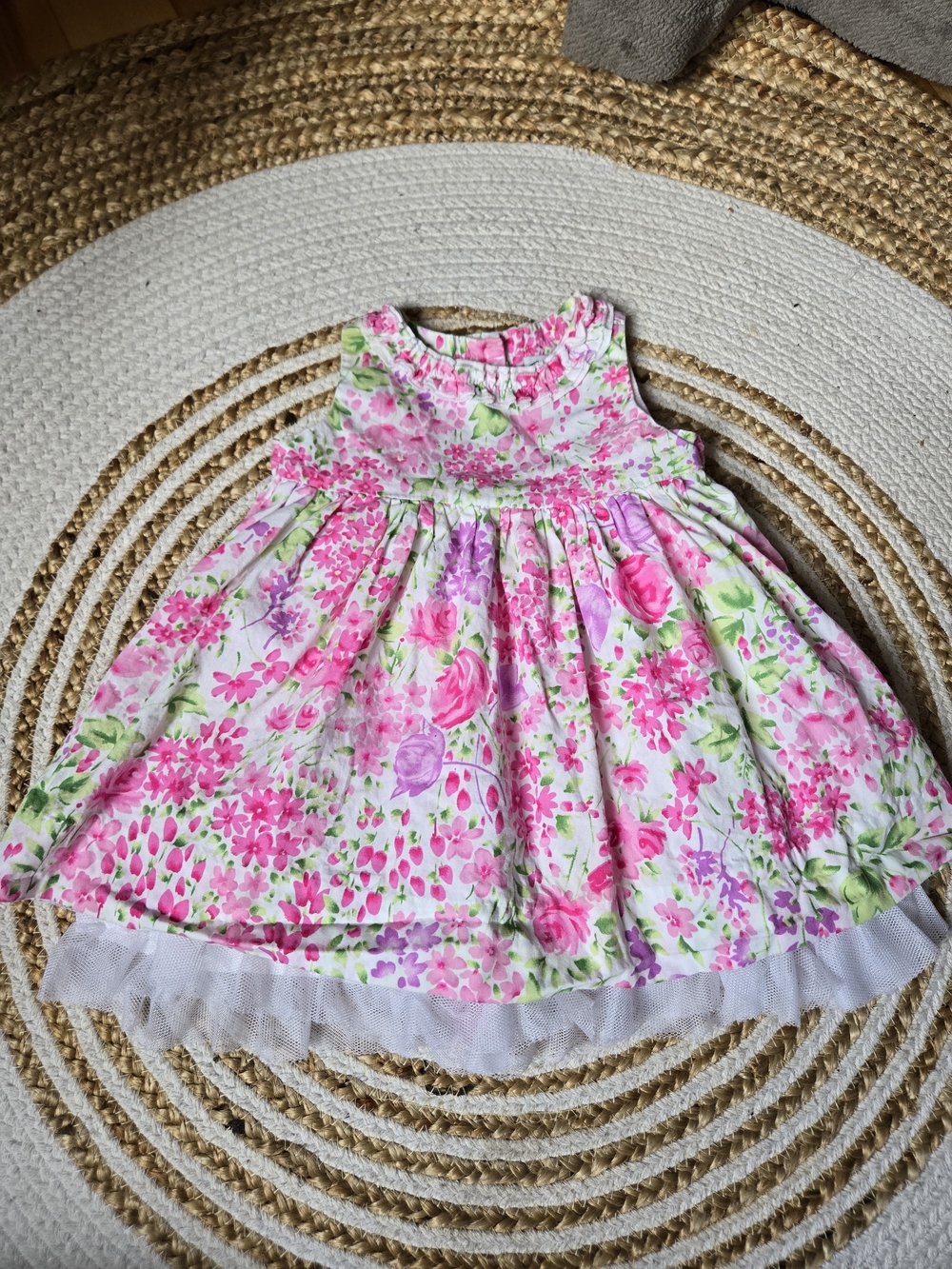 Pink Floral Sleeveless Casual Dress with Tulle Hem and Bow